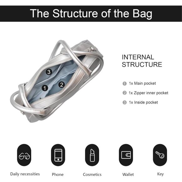 Women’s Silver PU Leather Y2K Shoulder Bag Trendy Fashion Work Travel Bag - Picture 4 of 7